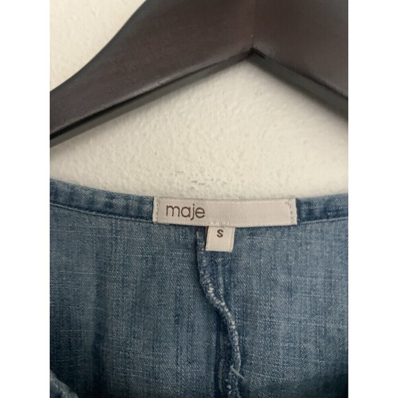 Maje Denim Blue Puff Sleeve Mini Dress Small Boho Western Button Front Coastal - Picture 6 of 7